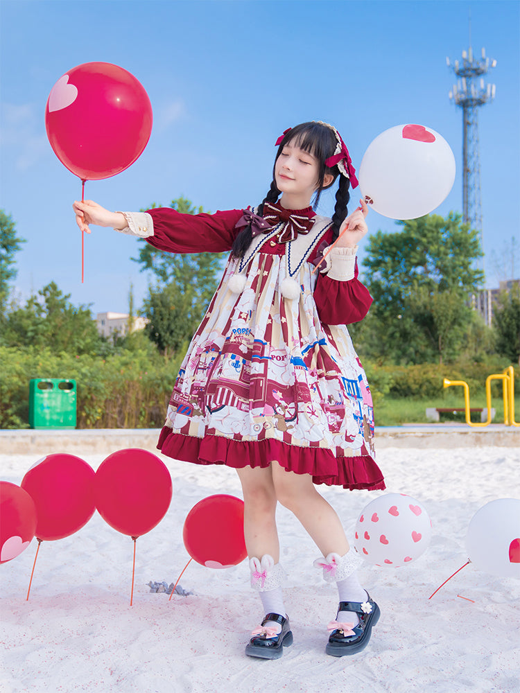 Popcorn and Star Pattern Print Pointed Collar One Piece Red and Yellow
