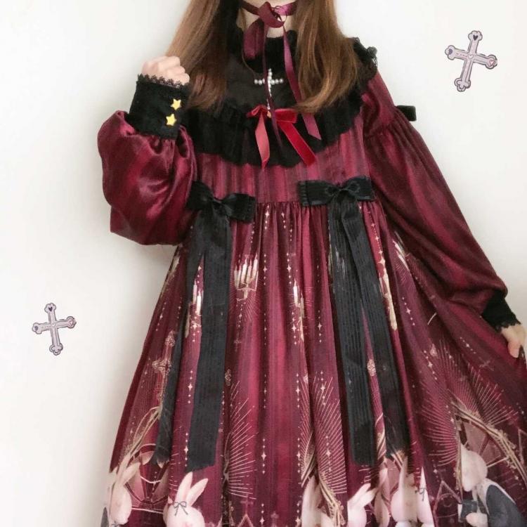 Holy Prayer Color Red Bunny Print Ruffle Round Neck Lace Hemline One Piece