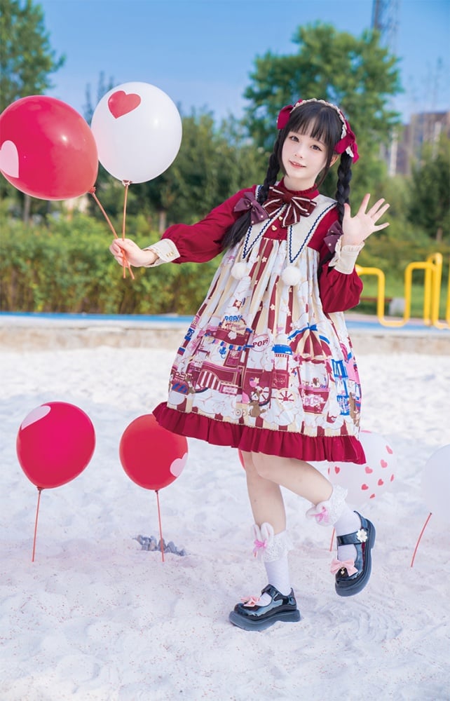 Popcorn and Star Pattern Print Pointed Collar One Piece Red and Yellow
