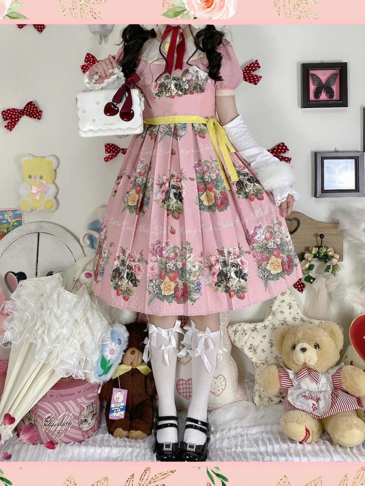 Strawberry Cat Bouquet Pink Vintage Floral Print Short Sleeves Sweet One Piece