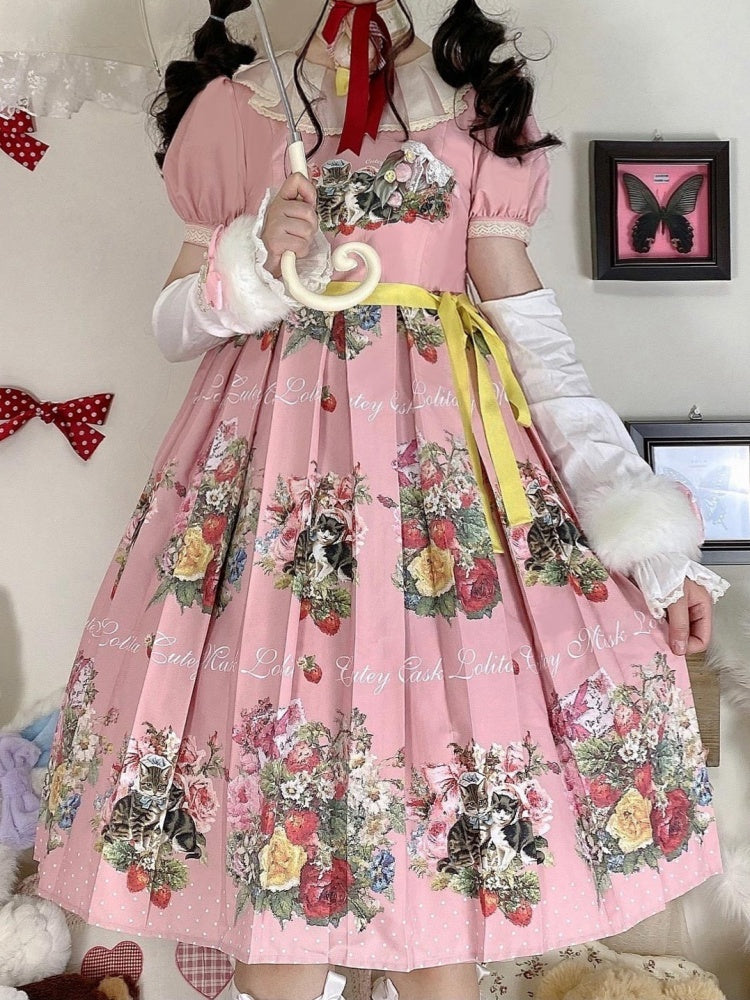 Strawberry Cat Bouquet Pink Vintage Floral Print Short Sleeves Sweet One Piece