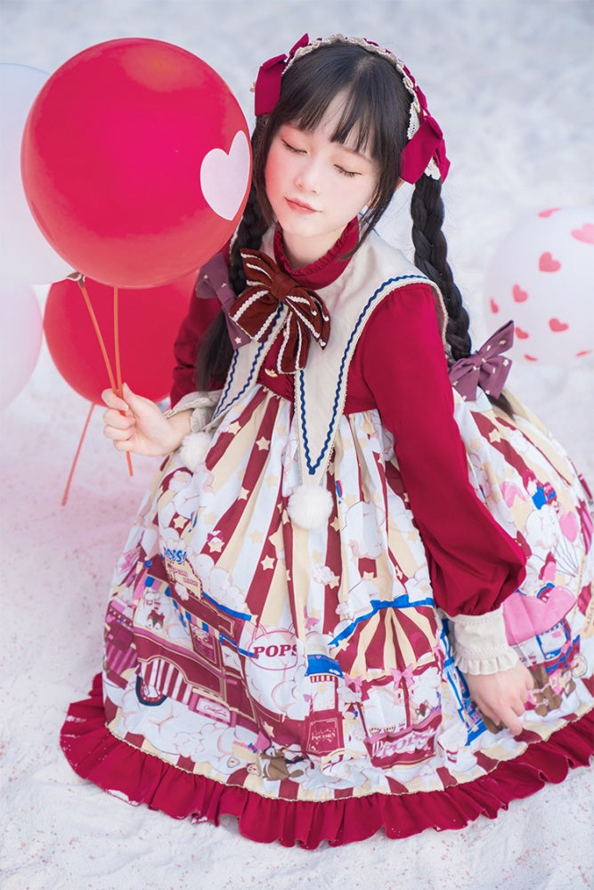 Popcorn and Star Pattern Print Pointed Collar One Piece Red and Yellow