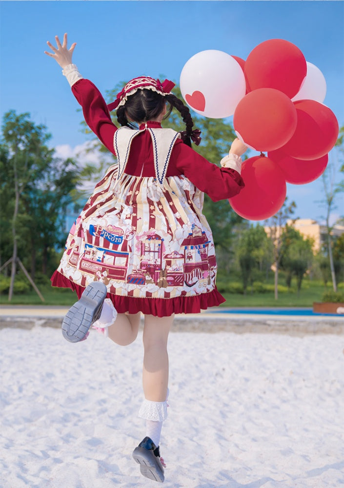 Popcorn and Star Pattern Print Pointed Collar One Piece Red and Yellow