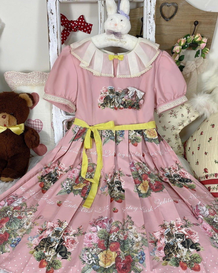 Strawberry Cat Bouquet Pink Vintage Floral Print Short Sleeves Sweet One Piece