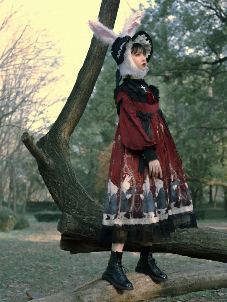 Holy Prayer Color Red Bunny Print Ruffle Round Neck Lace Hemline One Piece