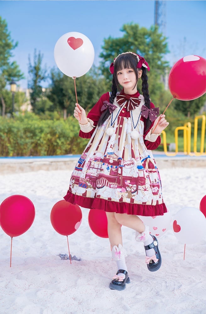 Popcorn and Star Pattern Print Pointed Collar One Piece Red and Yellow