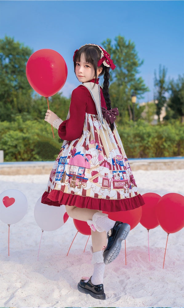 Popcorn and Star Pattern Print Pointed Collar One Piece Red and Yellow