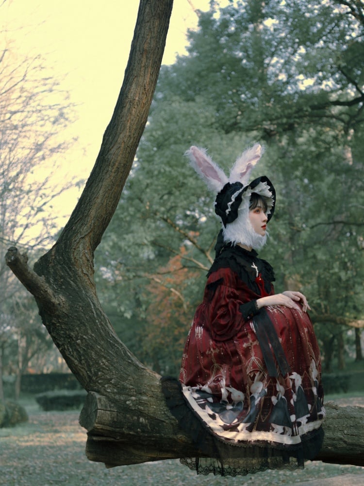 Holy Prayer Color Red Bunny Print Ruffle Round Neck Lace Hemline One Piece