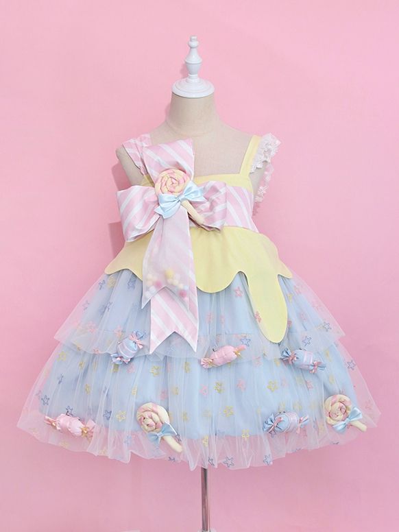 Rainbow Candy Stars Print Lollipop Design Lolita JSK+Brooches+Big Bow Train Set