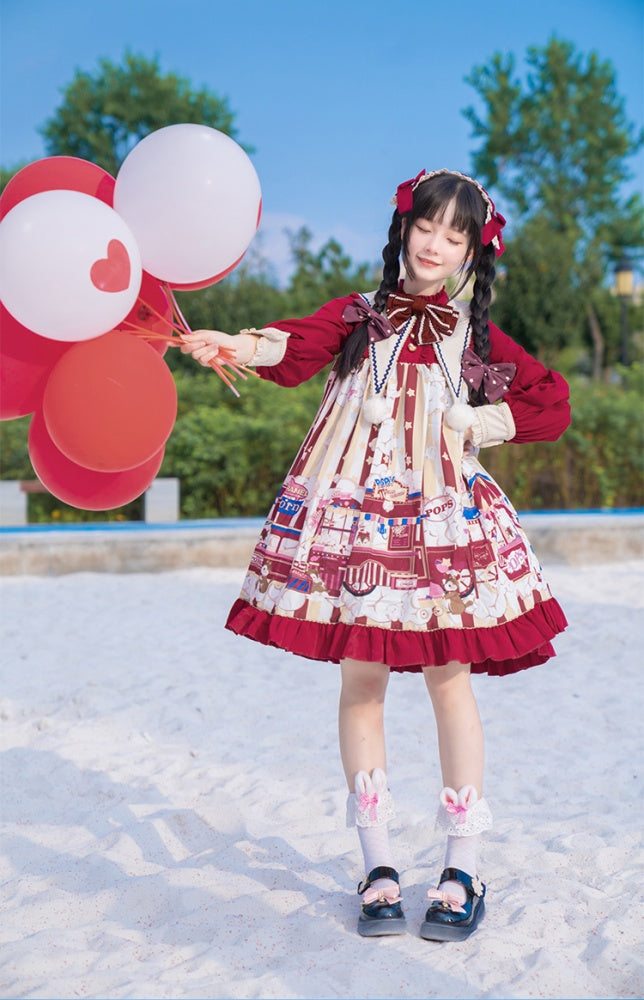 Popcorn and Star Pattern Print Pointed Collar One Piece Red and Yellow