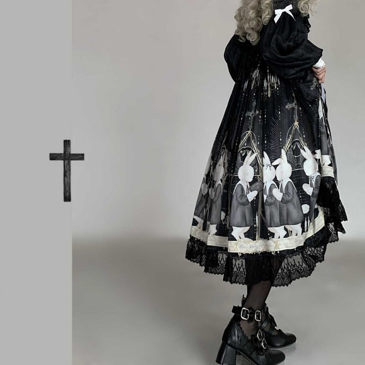 Holy Prayer Color Black Long Version Bunny Print Ruffle Round Neck Long Sleeves One Piece