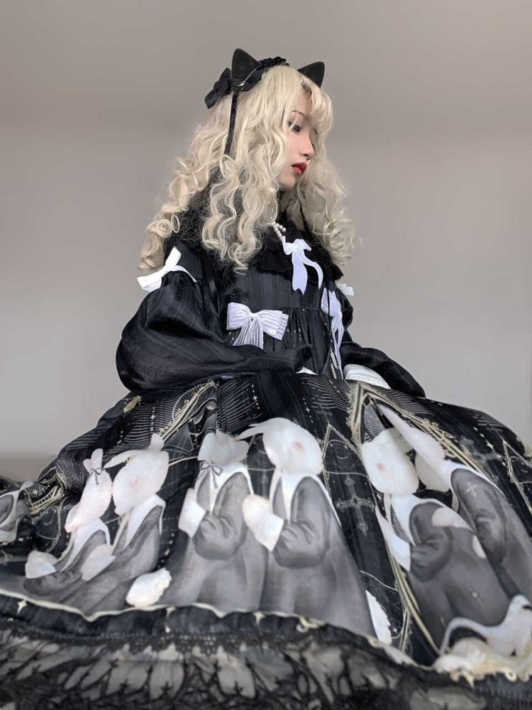 Holy Prayer Color Black Long Version Bunny Print Ruffle Round Neck Long Sleeves One Piece