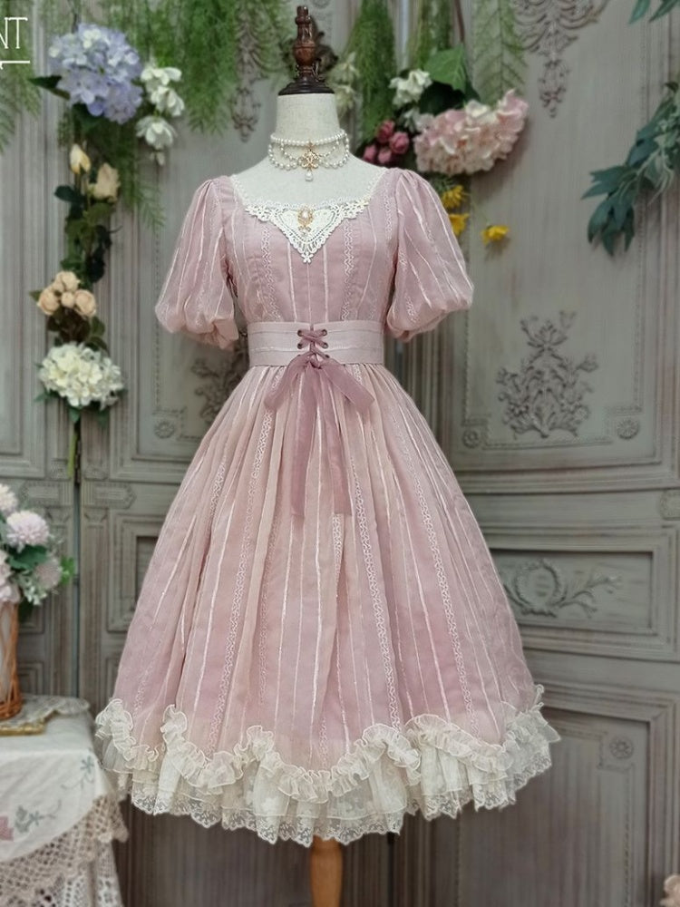 Tulip 1.0 Tiered Skirt and Ruffle Trim Short Sleeves One Piece Version A (Lace Applique Neckline)/Version B