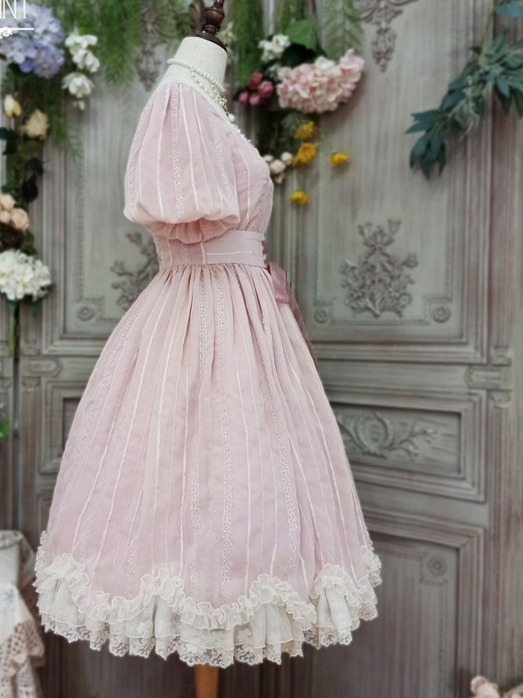 Tulip 1.0 Tiered Skirt and Ruffle Trim Short Sleeves One Piece Version A (Lace Applique Neckline)/Version B