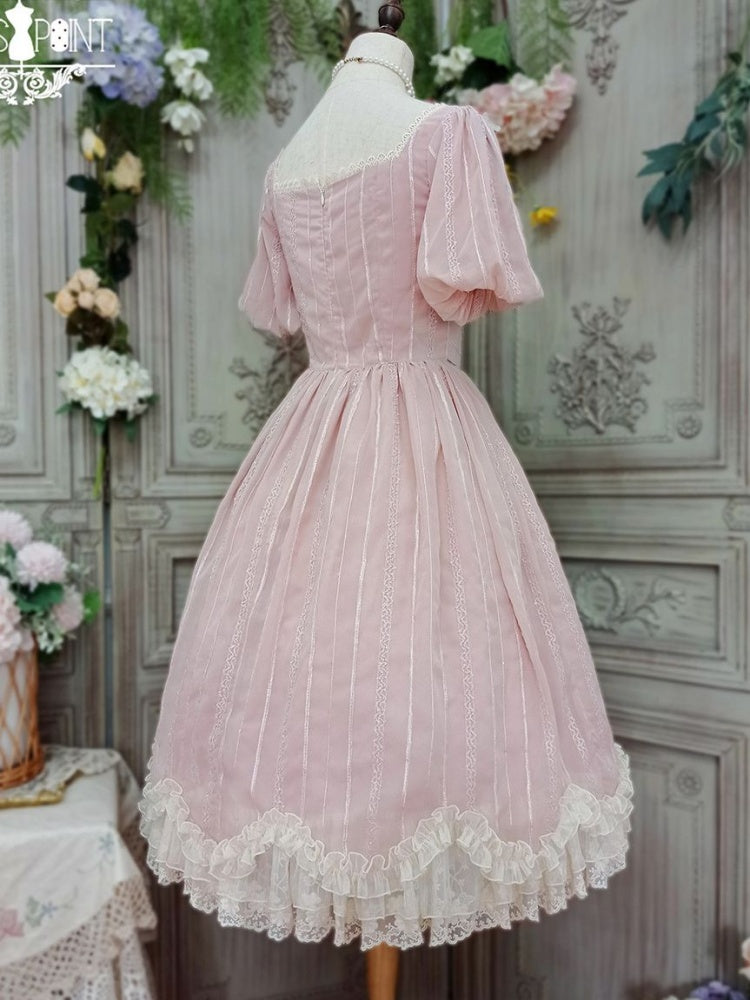 Tulip 1.0 Tiered Skirt and Ruffle Trim Short Sleeves One Piece Version A (Lace Applique Neckline)/Version B