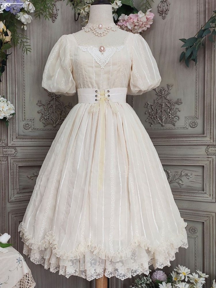 Tulip 1.0 Tiered Skirt and Ruffle Trim Short Sleeves One Piece Version A (Lace Applique Neckline)/Version B