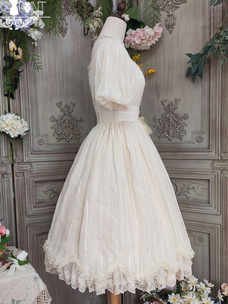 Tulip 1.0 Tiered Skirt and Ruffle Trim Short Sleeves One Piece Version A (Lace Applique Neckline)/Version B