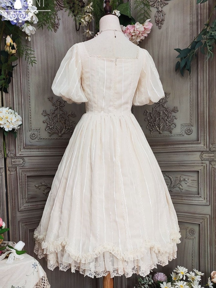 Tulip 1.0 Tiered Skirt and Ruffle Trim Short Sleeves One Piece Version A (Lace Applique Neckline)/Version B