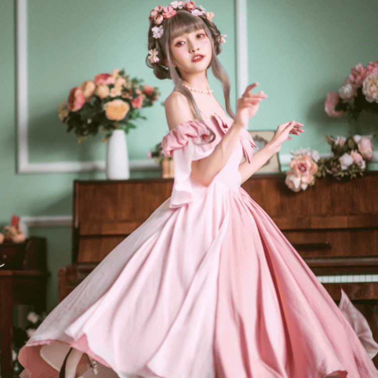 Long Version Morning Dew Pink Off-the-shoulder Neckline Short Sleeves One Piece
