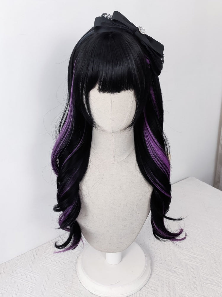 Jirai Kei Purple Highlight Black Long Wavy Synthetic Wig