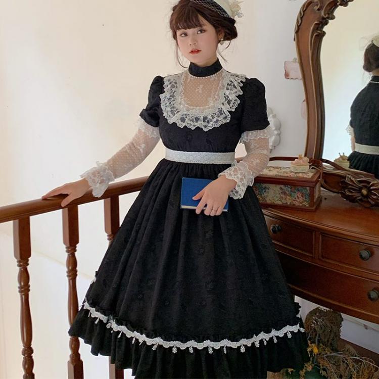 Neckline flounce hem skirt long sleeves one piece dress in black with lace trim