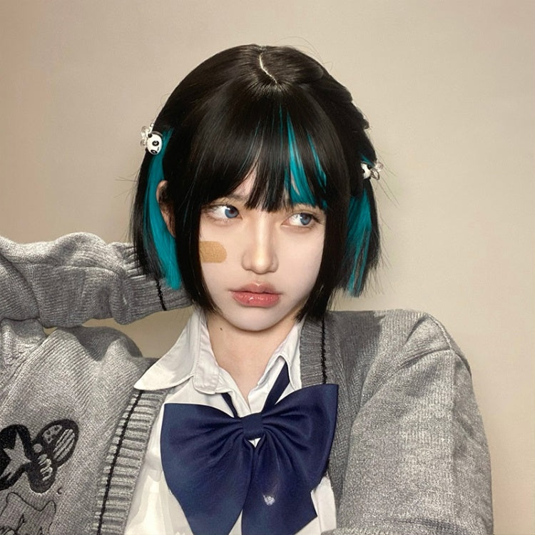 Highlight Hair Color Peacock Blue-Green Short Synthetic Wig