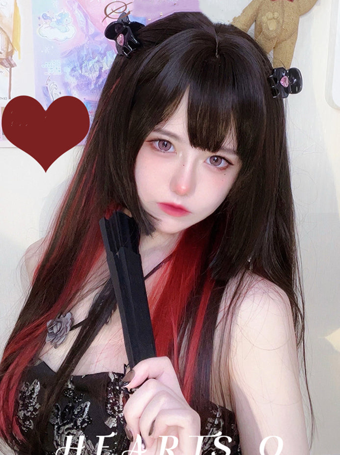Hearts Q Black Highlights Red Long Straight Synthetic Wig