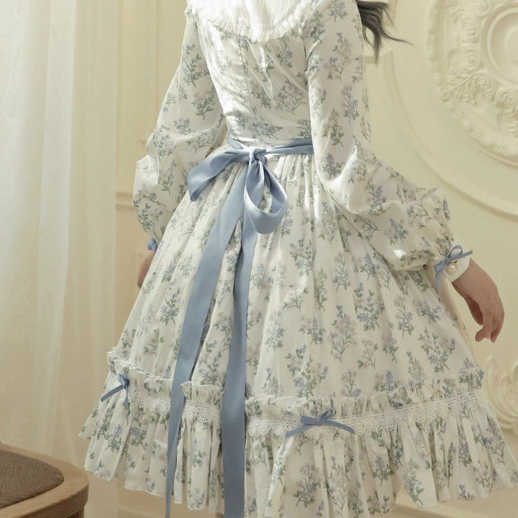 Loemi Garden Floral Print Ruffle Neckline Long Sleeves One Piece
