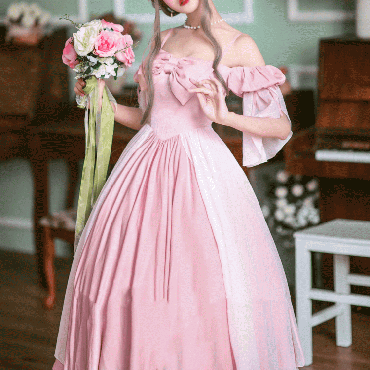 Long Version Morning Dew Pink Off-the-shoulder Neckline Short Sleeves One Piece