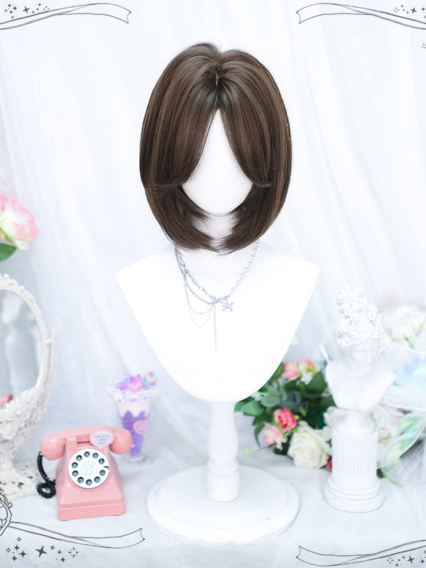 Dark Brown/Brown Curtain Bangs Bob Cut Short Synthetic Wig