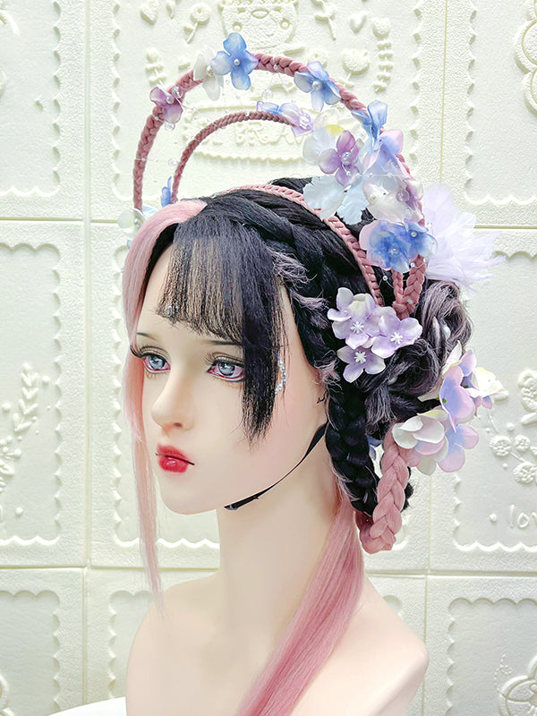 Endless Summer Black Pink Lolita Hand braided Wig with Flower Hair Acc