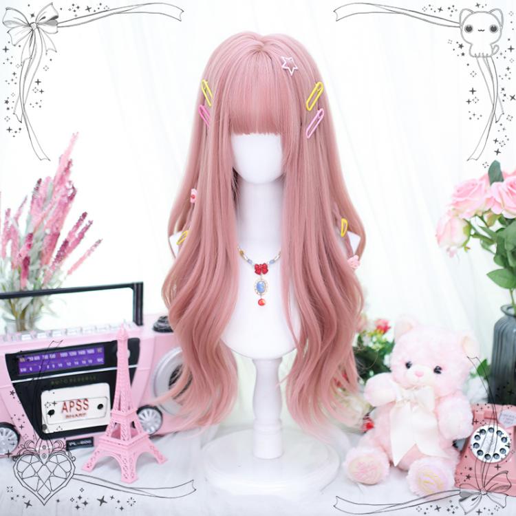 Pink Long Wavy Synthetic Wig with Air Bangs