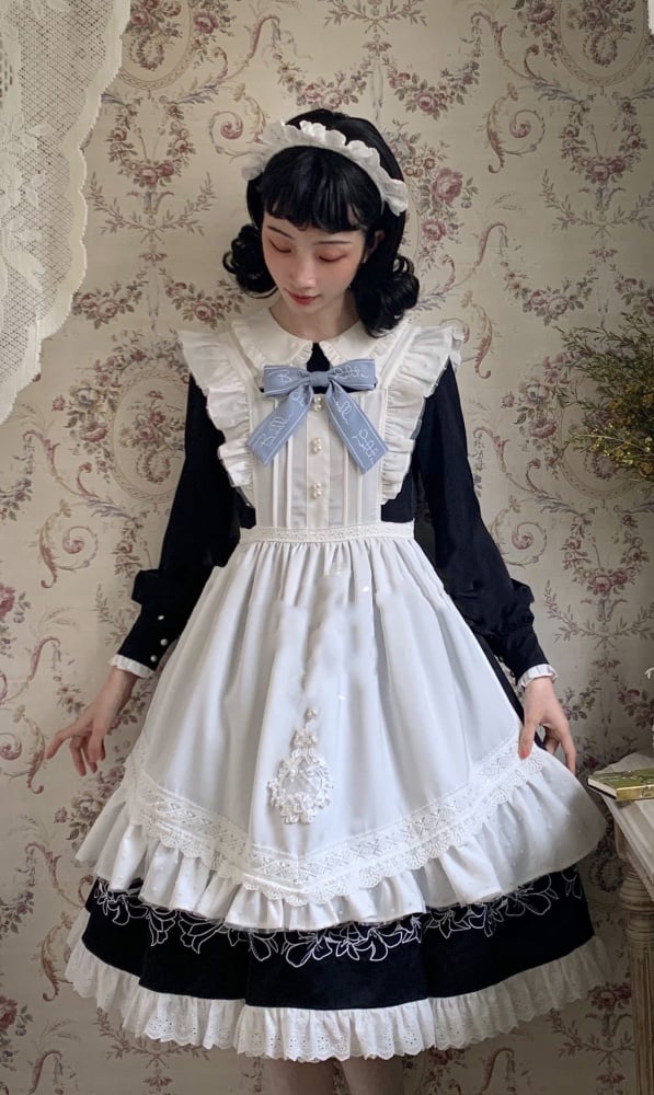 Lily in Early Snow Maidservant Style Ruffle Trim Black One Piece