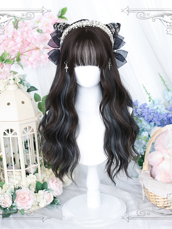 Wuxiao Wavy Highlight Hair Color Dark Brown-Dusty Blue Lolita Long Synthetic Wig
