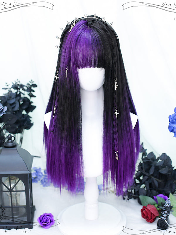 Purple and Black Mixed Color Medium Straight Synthetic Wig