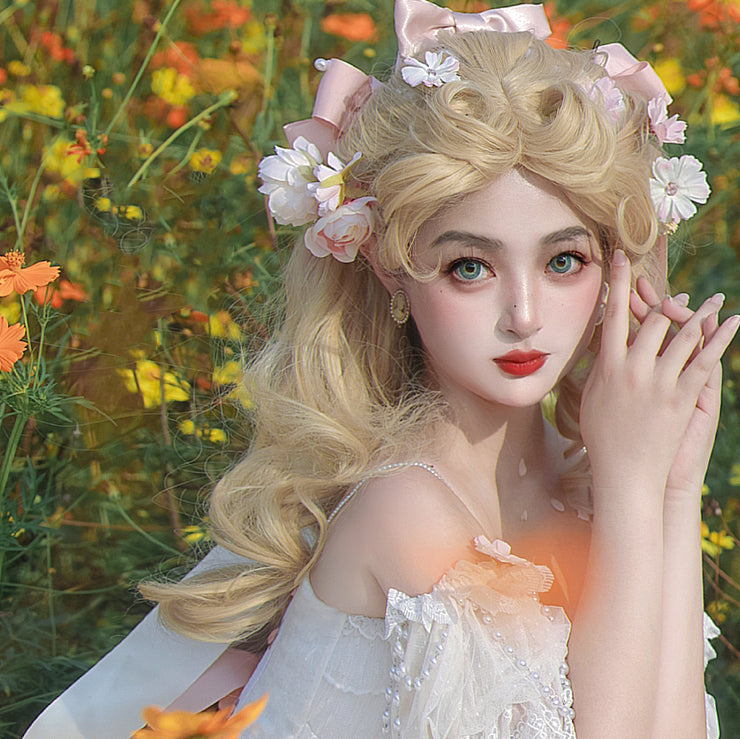 Waist Length Bright Moon Gold / Brown Wavy Synthetic Wig