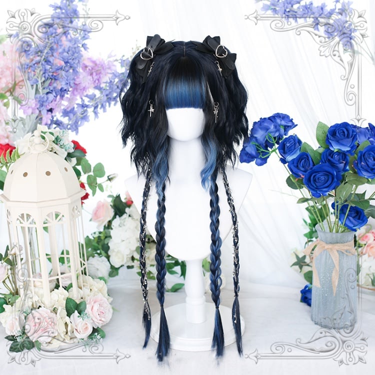 Water Blue Ombre Hair Color Lolita Long Straight Synthetic Wig
