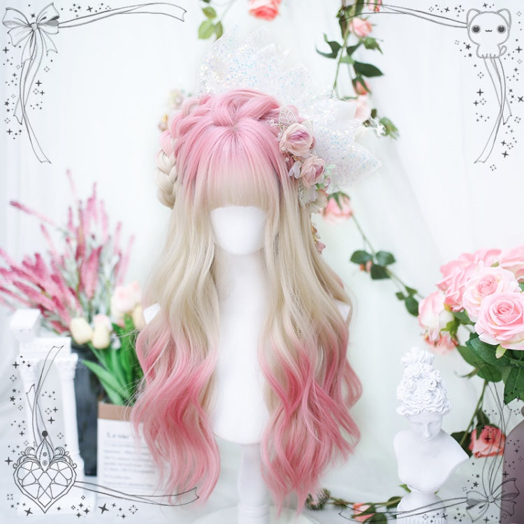 Peach Pink Dip Dyed Long Wavy Synthetic Wig
