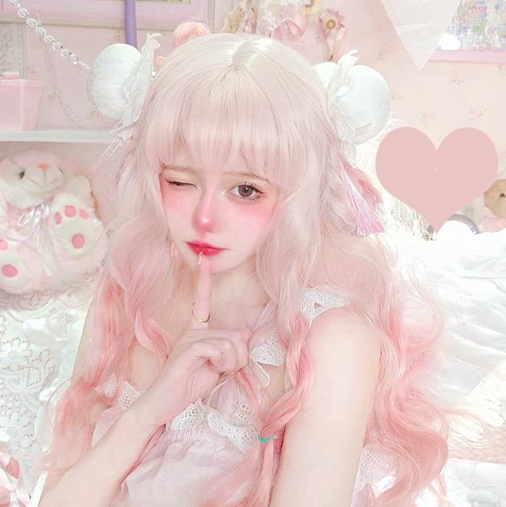 White Peach Beige to Pink Ombre Long Wavy Lolita Synthetic Wig