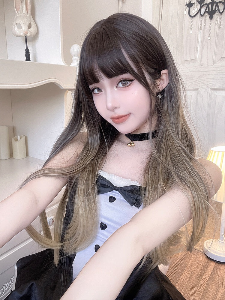 Straight Ombre Hair Color Dark Brown to Golden Synthetic Wig