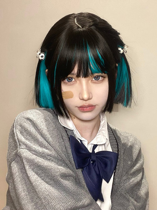 Highlight Hair Color Peacock Blue-Green Short Synthetic Wig