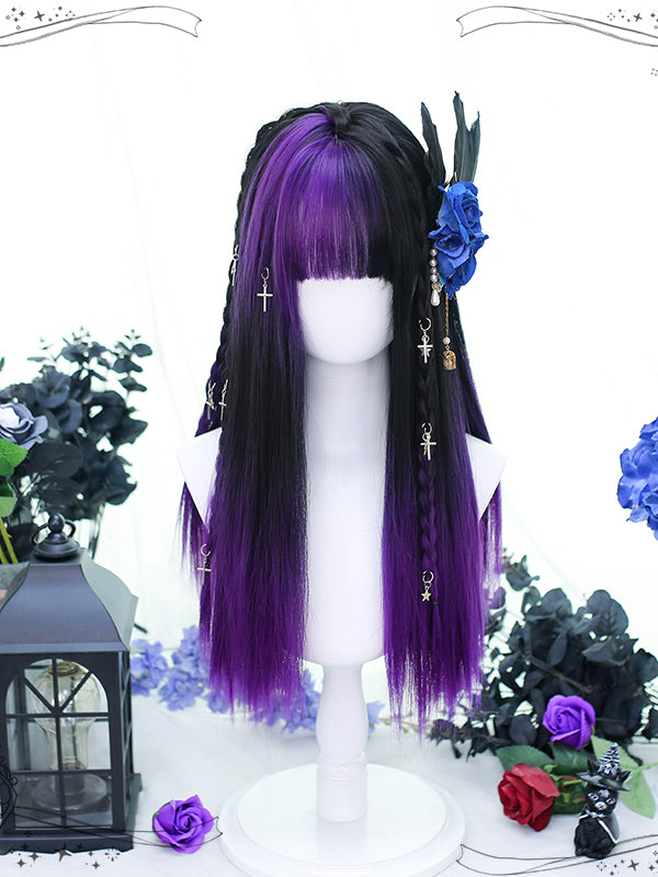 Purple and Black Mixed Color Medium Straight Synthetic Wig