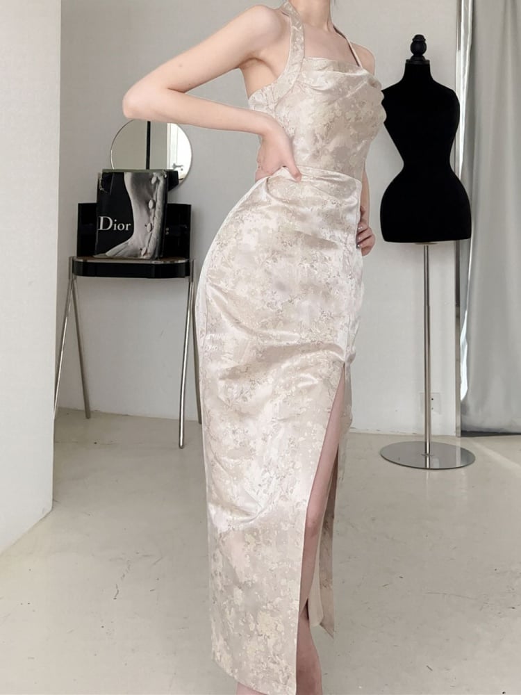 Nude Thigh-high Slit Halter Neck Qipao with Floral Pattern