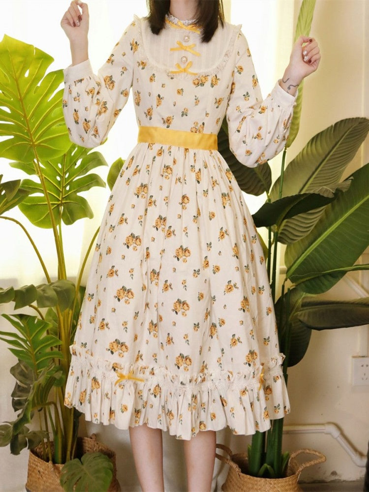 Loemi Garden Floral Print Ruffle Neckline Long Sleeves One Piece