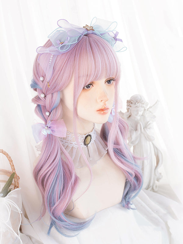 Pink Highlights Blue Medium Length Wavy Synthetic Wig