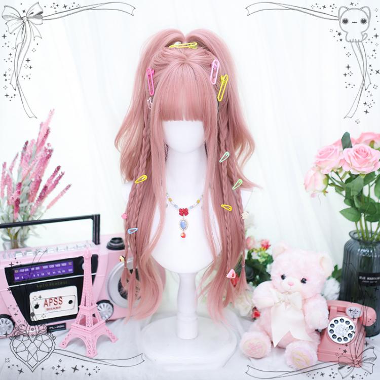 Pink Long Wavy Synthetic Wig with Air Bangs