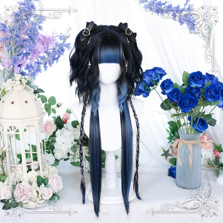 Water Blue Ombre Hair Color Lolita Long Straight Synthetic Wig