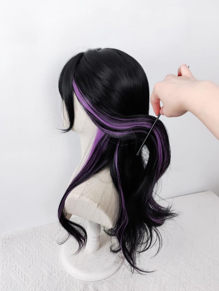 Jirai Kei Purple Highlight Black Long Wavy Synthetic Wig