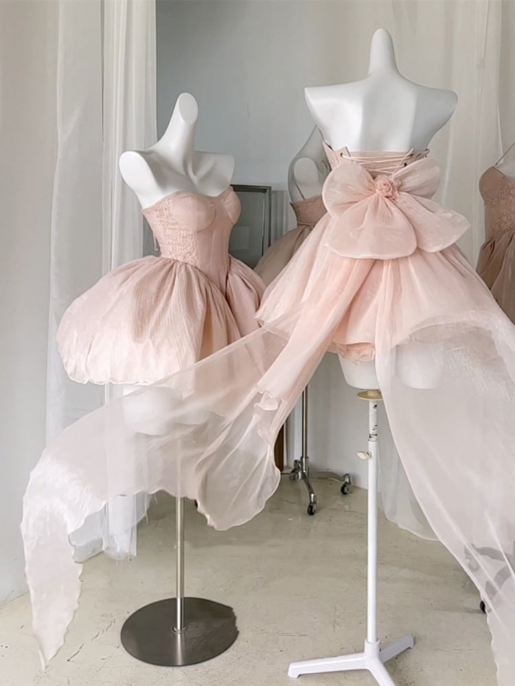 Pink Balletcore Puff Tube Dress with Big Bow Train