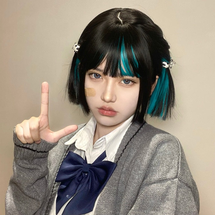 Highlight Hair Color Peacock Blue-Green Short Synthetic Wig